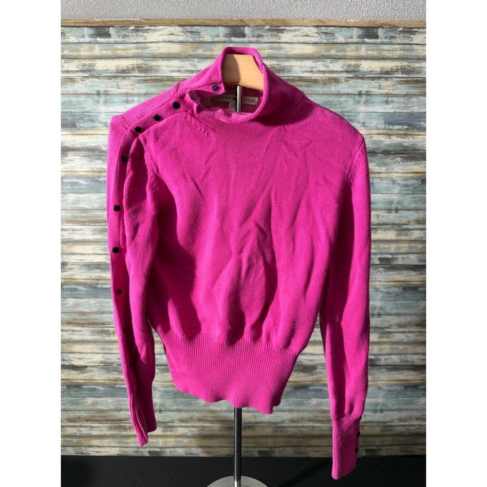 Tommy Hilfiger Sweater Medium Pink EUC Button Shoulder Mock Neck Turtleneck